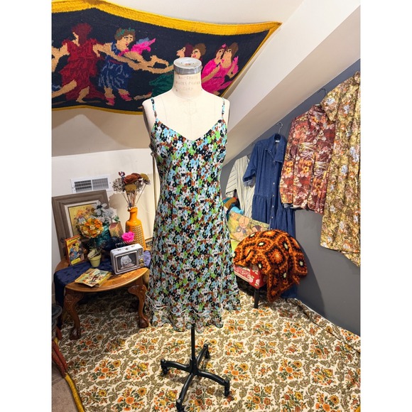 Lily Dresses & Skirts - vintage Y2K 90s Floral Slip Dress XL Blue Green Rayon Ruffle Hem Made in USA